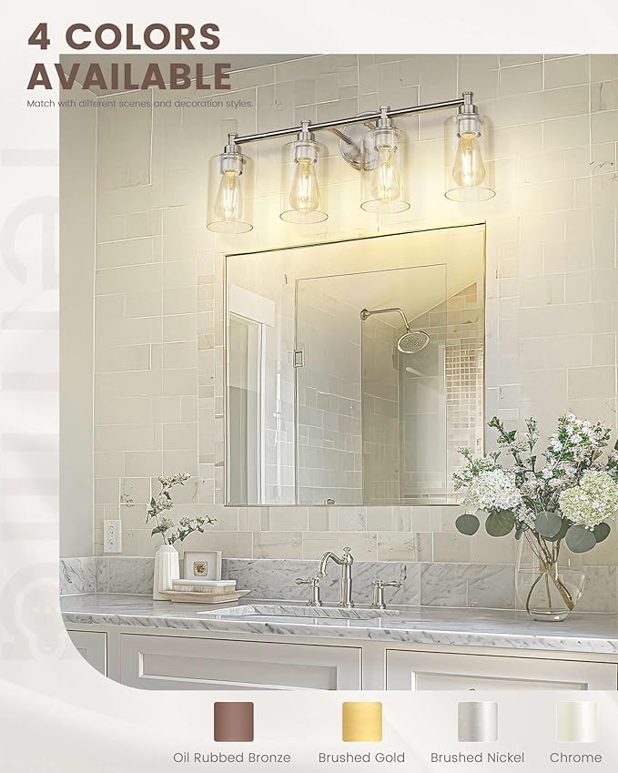 FEMILA Modern Vanity Light - 25" Brushed Nickel, Bathroom Light Fixture Over Mirror, E26 Base, 4FYC56B-4W BN