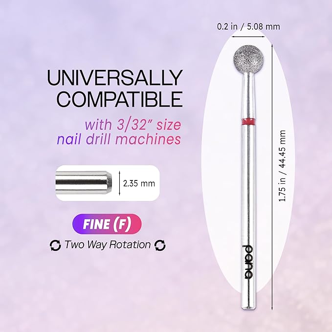 PANA 3/32" Diamond Carbide Ball Bit- Style 06, Fine Grit - Professional Cuticle Nail Drill Bits for Acrylic Gel Nails Dry Manicure Pedicure Shape Remove Tools