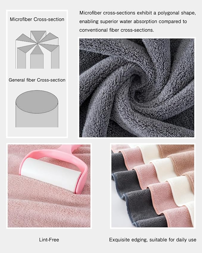 sakano Quick-Drying Microfiber Towel Set - 4-Piece Mixed Color Bath Towel Set, Highly Absorbent, Lint Free Design for Bath, Beach, and Gym -Pink+White+Khaki+Dark Gray, 28 x 55 inches