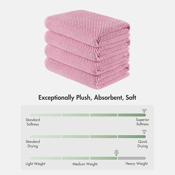 Madison Park 4-Piece Bath Towel Set for Bathroom 30" x 56" Large Diagonal Ribbed, Pink - 100% Cotton Soft Quick Dry & Absorbent Gift | Zero Twist, 500 GSM, Oeko-TEX, Hotel Quality