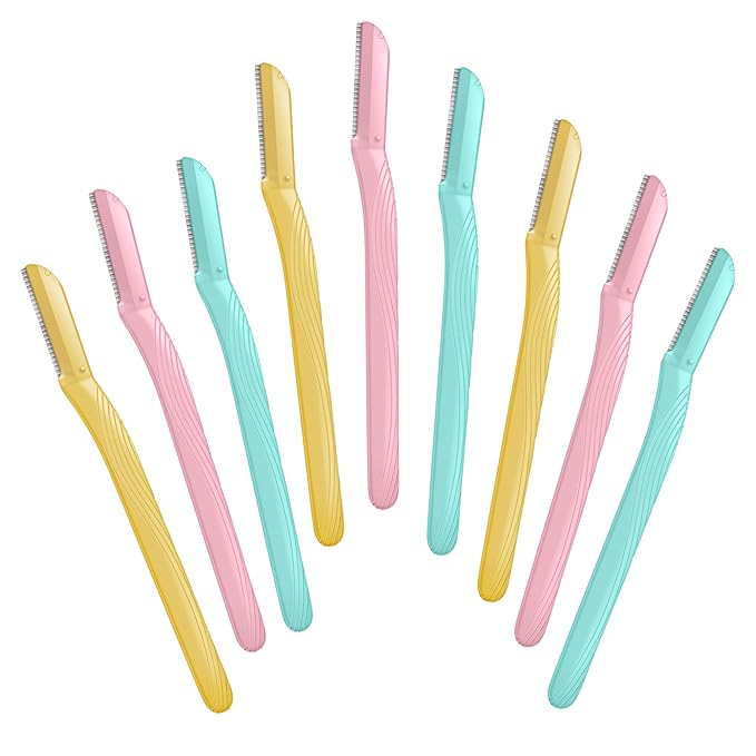 Amazon Basics Dermaplane Razor, Peach Fuzz Remover, Face Shaver for Women, Eyebrow Trimmer and Shaper, Facial Hair Removal, Exfoliating Tool with Blade Cover, Multicolor, 9 Count