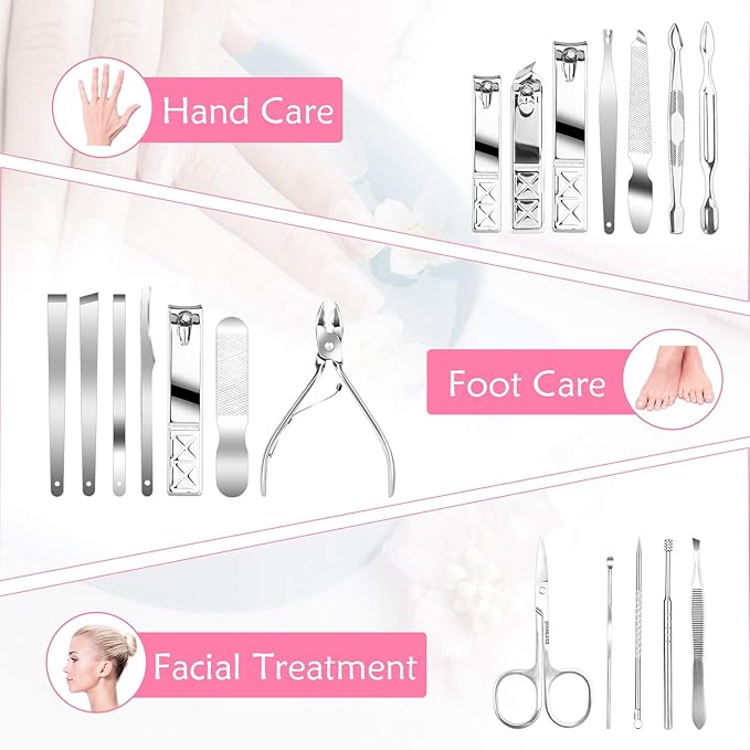 Teamkio 18pcs Manicure Set Pedicure Nail Clippers Set Travel Hygiene Kit Stainless Steel Professional Cutter Care Set Scissor Tweezer Knife Ear Pick Tools Grooming Kits with Leather Case