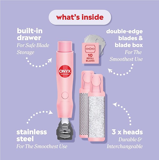 ONYX Professional Callus Miracle 3 Step Pedi Tool, Includes a Stainless Steel Foot Rasp for Dry Skin, Callus Shaver w/Replacement Blades for Thick Calluses, 15 Pieces