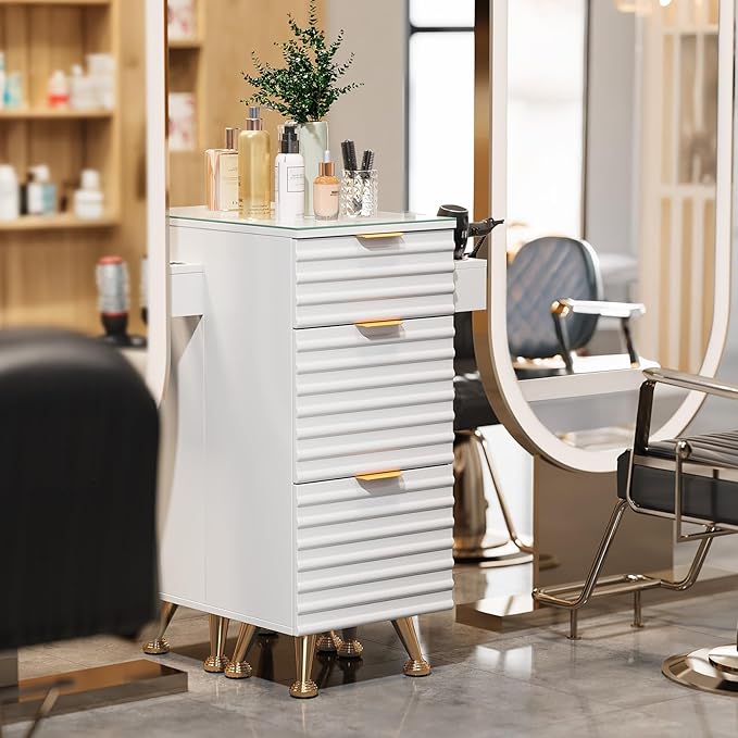 OmySalon Salon Stations for Hair Stylist, Barber Station with Glass Top & Drawers & Hot Tool Holder, Salon Storage Cabinet Hair Organizer Equipment for Beauty Spa, White