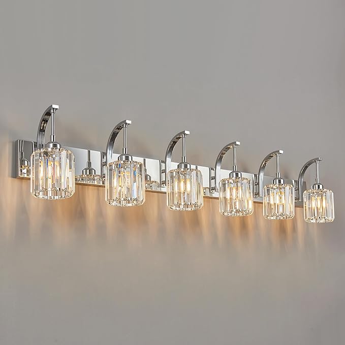 6-Light Crystal Vanity Light, Chrome Modern Wall Sconce with K9 Crystal Shades, 51.18" Long Over Mirror Lighting for Bathroom, Makeup, Hallway, Elegant & Easy Install