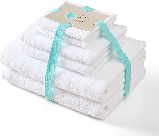 Martha Stewart - Bath Towels, Soft & Absorbent 100% Cotton Towels, Solid 500 GSM, 6-Piece Bathroom Towel Set with Textured Weave (Bedford Cottage White)