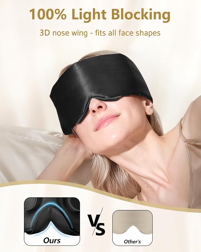BeeVines Pure Silk 3D Sleep Mask for Women & Men, Luxury 100% 22 Momme Mulberry Silk 3D Contoured Eye Mask for Lash Extensions, Zero Eye Pressure & Blackout for Sleeping, with Adjustable Band (Black)