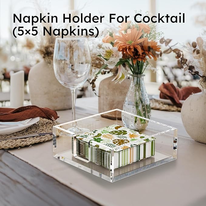 HIIMIEI Acrylic Napkin Holder for Table: Square Luncheon Napkin Tray, Flat Decorative Guest Towel Holder for Bathroom, Kitchen, Bar, Dinner, Party, 7.6 x 7.6 inches（Clear)
