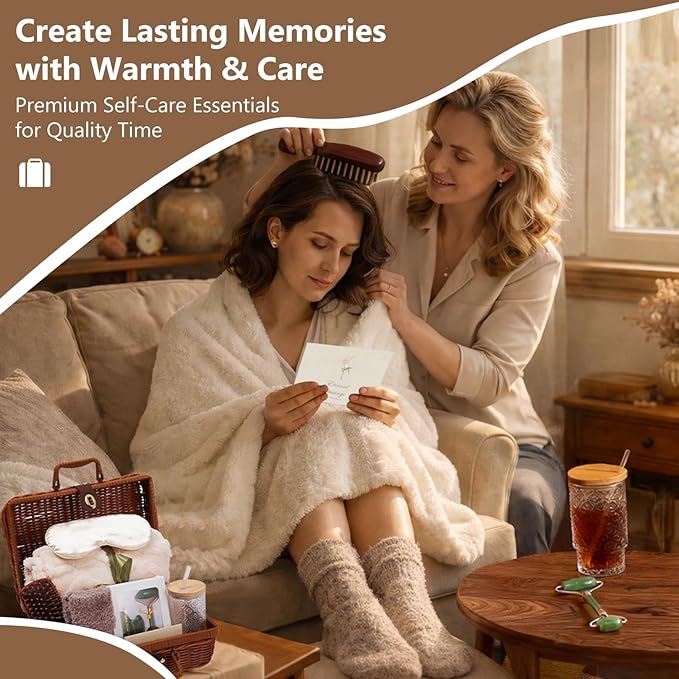 14-Piece Vintage Self-Care Gift Basket for Women for Mom, Relaxing Spa Care Package with Blanket, Glass Tumbler, Birthday Gifts for Women, Wife, Sister, Best Friend