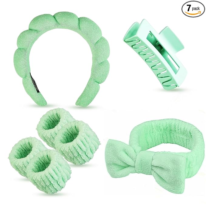 7 Pcs Spa Set, Facial Headband and Wristband Set, Skincare Accessories, College Style Girl Idea Gifts, Hair Accessories for Women and Girls（Light Green）