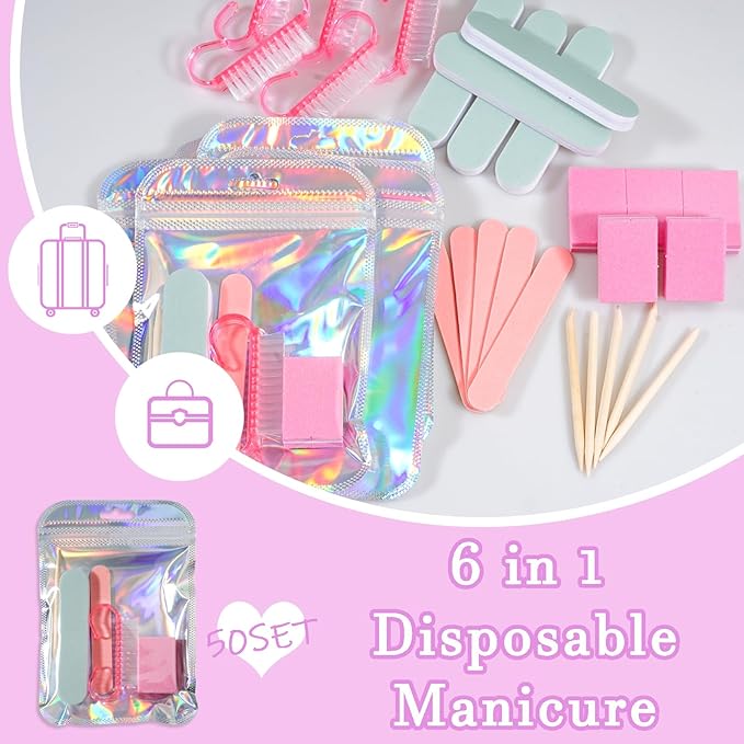 Disposable Manicure Kit Professional, 50 Set Press On Nail Tool Kit with Nail File, Nail Buffer, Nail Buffer Block, Nail Handle Brush, Wood Stick, Packaging Bag (Pink-50pcs)