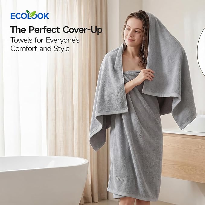 ecolook Bath Towels Set of 4,100% Cotton,27 x 55 Inches,Quick-Drying & Absorbent,Soft,Lightweight Towels for Bathroom,Shower,Spa, Gym & Hotel,Light Gray