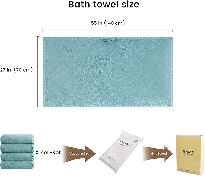 SEMAXE 4 Piece Blue Bath Towel Set for Bathroom, 100% Cotton Bath Towels with Hanging Loop, 55 x 27 Inch, Soft Absorbent & Quick Dry, for Home