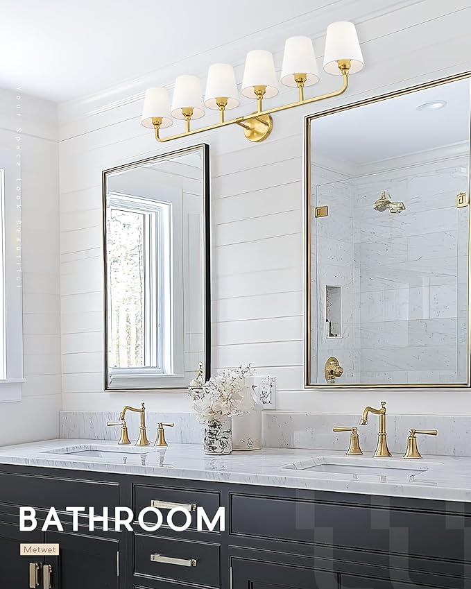 Bathroom Light Fixtures, 42 Inch Brushed Gold Vanity Lights with Flared White Fabric Shade, 6-Light Wall Sconce, Modern Sconces Wall Lighting for Hallway Bedroom, VL837-BG-6