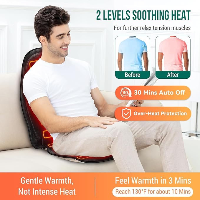 Snailax Vibration Back Massager with Heat, Massage Seat Cushion with 6 Vibrating Motors and 2 Heat Levels, Massage Chair Pad for Home Office use, Gifts for Him Her