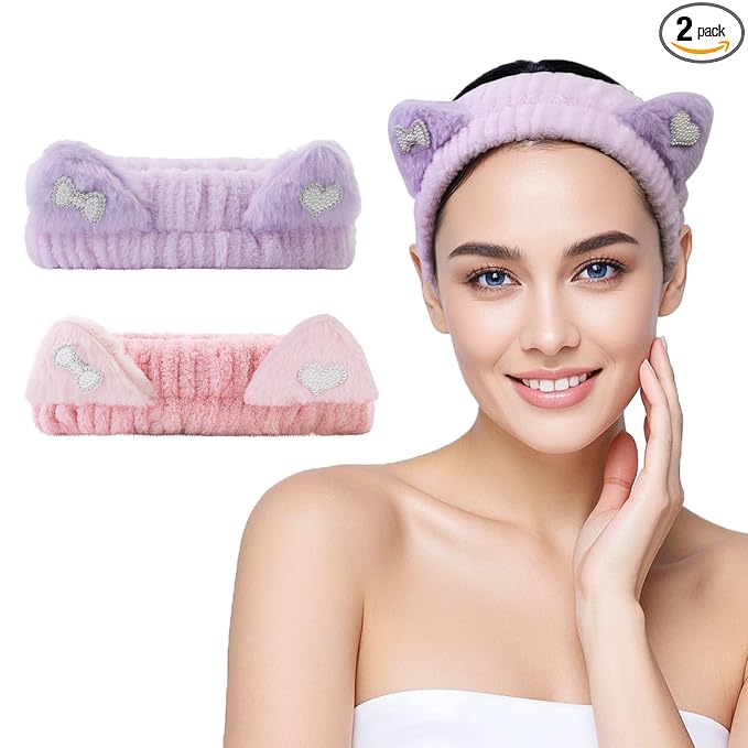 Spa Headband for Washing Face, 2 Pack Cute Cat Ear Hair Band for Shower Yoga Beauty, Fluffy Makeup Headband, Kawaii Facial Headbands for Woman Girls, Dark Pink+Purple Heart