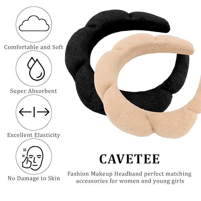 CAVETEE Spa Headband for Face Washing - Terry Cloth Puffy Makeup Headband Set of 2 (Beige & Black, one size)