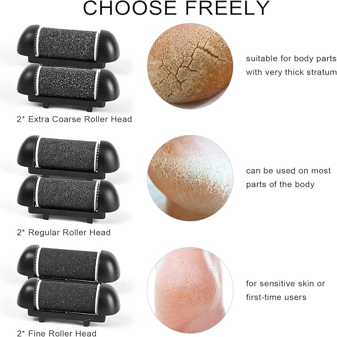 6pcs Replacement Roller Refill Heads for Electric Callus Remover,Feet Pedicure Kit Refill Rollers, 2 Extra Coarse, 2 Regular Coarse, 2 Fine Coarse Refill Rollers (Black)