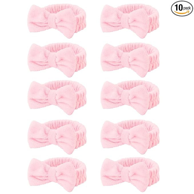 Casoty 10 Pcs Pink Makeup Headbands, Hair Band for Washing Face, Soft Coral Fleece Makeup Headband for Girls, Bow Hair Bands, Beauty Headbands for Face Washing Shower Skin Care Yoga
