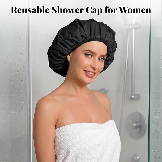 3Pcsk Reusable Waterproof Shower Cap for Women, Bath Cap for Long Thick Hair, Comfortable Hair Cover for Shower