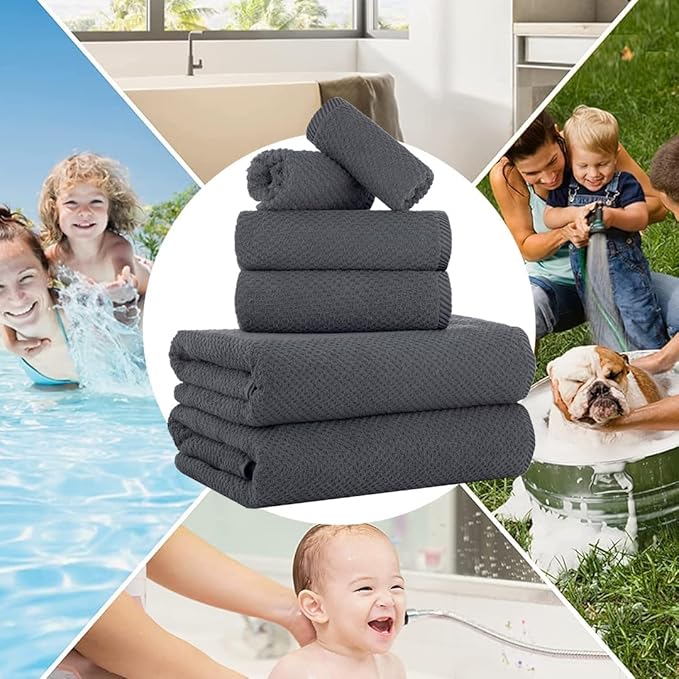 CASA COPENHAGEN Popcorn 6Pcs 100% Egyptian Cotton Large Designer Towels Gift Set- Pinstripe Grey, 600GSM, 2Bath 2Hand 2Washcloths, Bath Towels for Bathroom Set for Women & Men