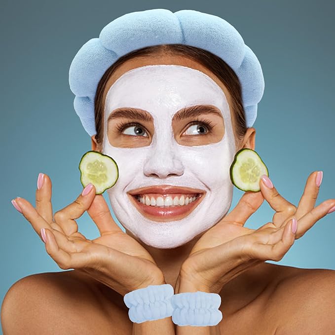 Blue Spa Headband and Wristband Set with Bow for Washing Face, Skincare, Makeup - Sponge Cloud Headband for Women Girls