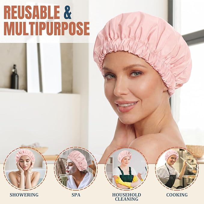 Reusable Shower Cap for Women, Large Waterproof Shower Bonnet with Elastic Band, Washable Bath Hair Cap for Long, Curly Hair, Braids, Daily Shower, Home Spa, Travel(Pink)