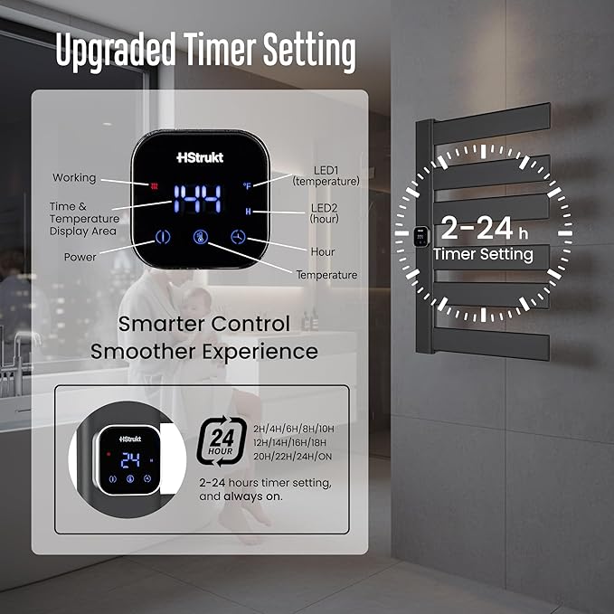 Towel Warmer, Heated Towel Rack with Built-in Timer and Temperature Control,Hard-Wired(Left-Wiring)/Plug-in Wall-Mounted Towel Rail, Aluminum，18.8" W X 25.6" H, Black