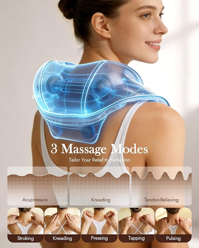 Neck Massager with Heat Cordless: Shiatsu Back Shoulder Massage Tools for Pain Relief Deep Tissue Electric 4D Kneading for Muscle Remedy Lymphatic Drainage Gifts for Men Women Mom Dad (Brown)