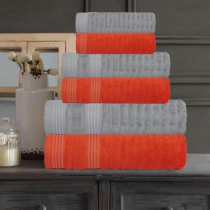 CASA COPENHAGEN Elegance 6Pcs 100% Egyptian Cotton Large Designer Towels Gift Set- Grey Violet-Coral, 550GSM, 2Bath 2Hand 2Washcloths, Bath Towels for Bathroom Set for Women & Men