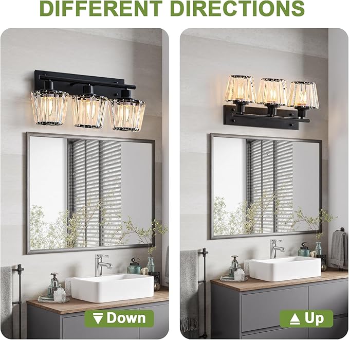 Bathroom Light Fixtures, 3-Light Vanity Light with 3 E26 Bulbs, Modern Crystal Bathroom Lighting Fixtures Over Mirror, Vanity Lights for Bathroom Living Room Hallway Kitchen