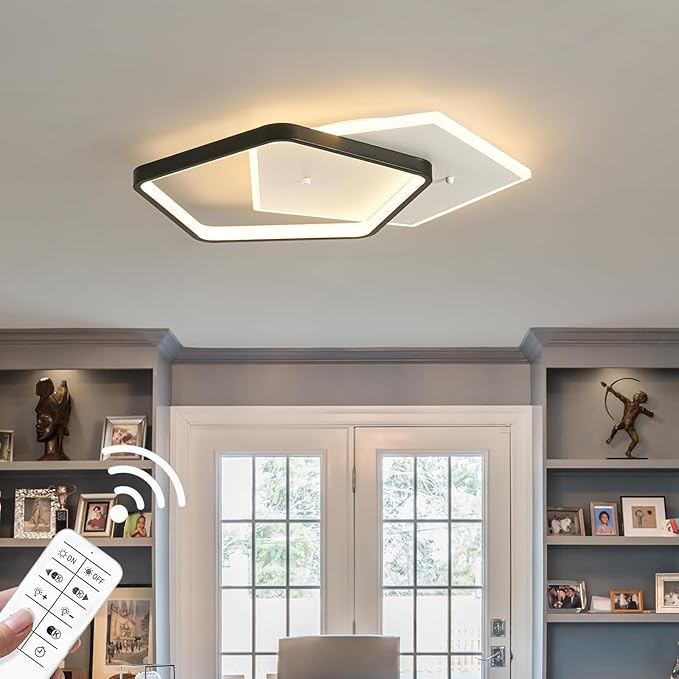Shine LUEST Modern LED Ceiling Light Fixture Dimmable Black Flush Mount Ceiling Light 20.08" Bedroom Ceiling Lamp with Remote Control Pentagonal Ceiling Light for Kitchen,Entryway,Balcony,Wardrobe