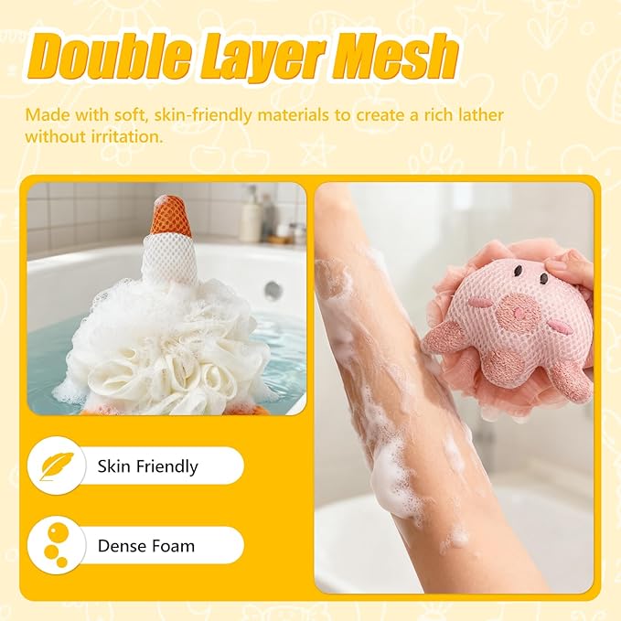 Kids Loofah, Cute Cartoon Animal Kids Bath Sponge with Hanging Rope, Soft Double Mesh for Rich Lather (Pink Octopus)