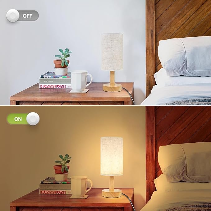 Small Bedside Table Lamps for Bedroom Set of 2,Natural Round Wood Base&Fabric Linen Shade,Cozy Night Light for Study Reading,Minimalist Boho Desk Lamp for Nightstand,Living Room,Nursery,Kitchen,Dorm