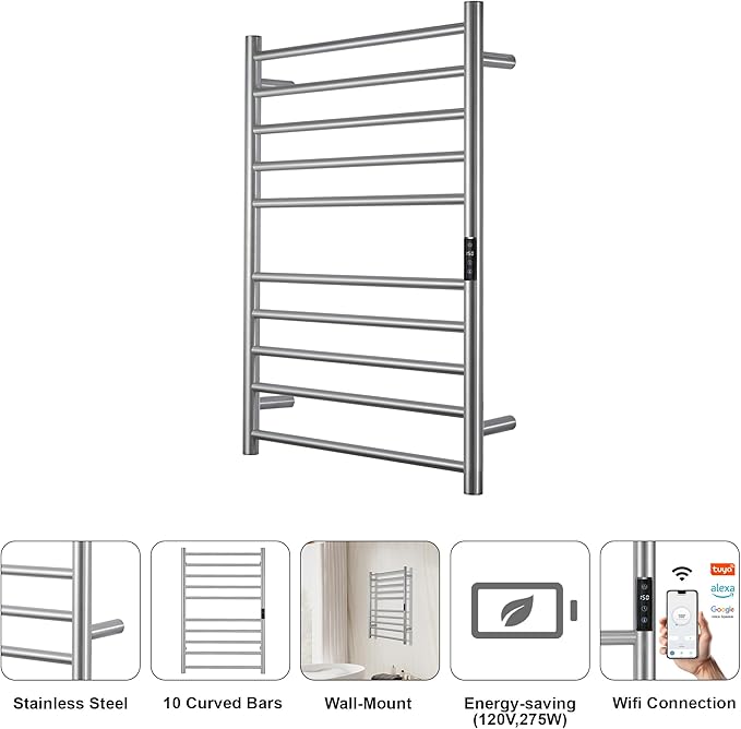 Electric Towel Rack with Voice Control for Alexa & Google Home,TUYA-Wall-Mounted Bathroom Heating Towel Warmer,Stainless Steel Material,31.5x20.08x4.41in,Plug-in,Brushed,10 Bars