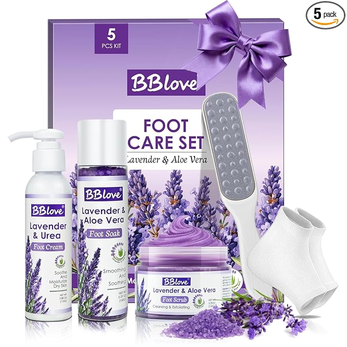 Lavender Foot Soak Set – Foot Spa Kit for Women, Pedicure Kit at Home with Salt, Scrub, Foot File & Moisturizing Gel Socks – Spa Gift Set for Dry, Cracked Feet