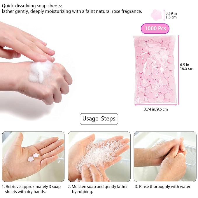1000 Sheets Pink Portable Hand Soap Disposable Paper Soap, Travel Hiking Washing Hand Bath Toiletry, Pedicure Soap Flowers Foot Spa Tablets (Light Natural Rose Aroma)