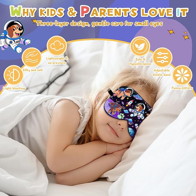 Silk Kids Sleep Mask: 100% Mulberry Silk Eye Mask, Sleeping Masks with Adjustable Strap, Soft & Light-Blocking Printed Kid Eye Cover for Boys Girls Teens Aged 5-15 (Space Dog Theme)