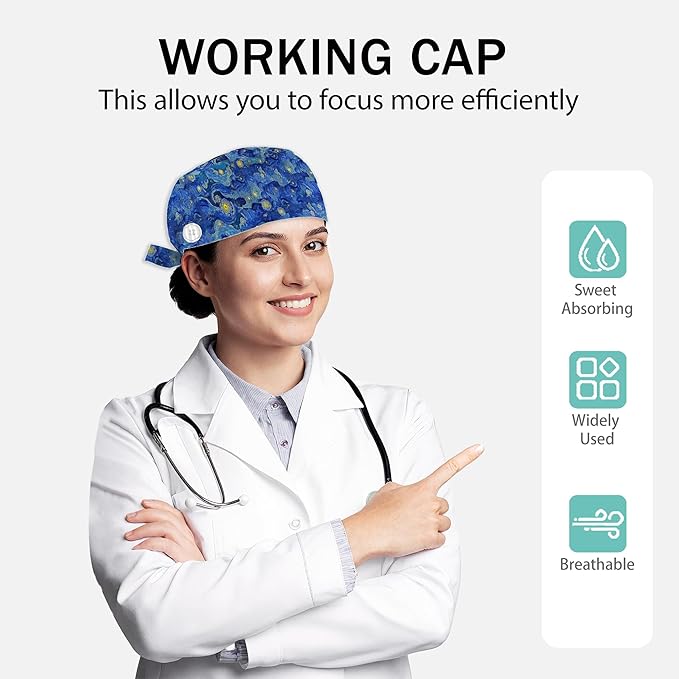 2 Pcs Working Cap with Sweatband for Women Men, Adjustable Cleaning Working Hats, Nurse Surgical Caps