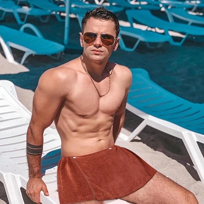 Men Boys Soft Wearable Bath Towel Short Pants Adjustable Mircofiber Towel Blanket Bathroom Pool Beach Spa Bathing Shower Cover Up Wrap Around Towel with Snap Closure (Brown)