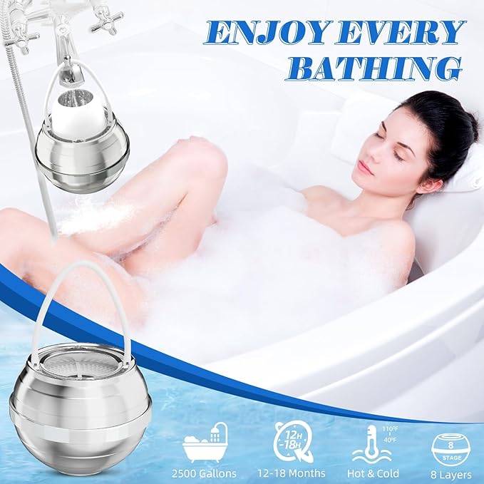 Bath Filter for Tub - Bathtub Water Filter for Softer Skin & Hair, 8 Stages Hotel Grade Filtration Bath Water Filter,2,500 Gal of Filtration, BPA Free, Easy to Install（Silver）