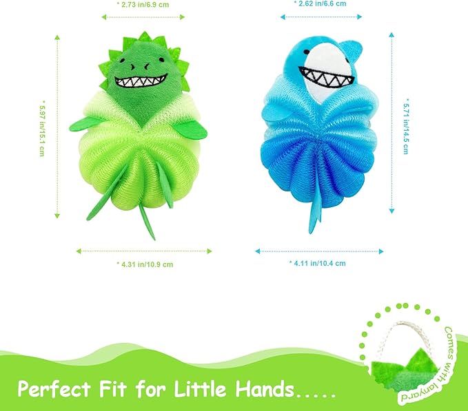 Kids Loofah & Bath Sponge, 2 Pack Loofah for Kids with Dinosaur & Shark, Gentle Baby Sponge for Bathing, Toddler Mesh Pouf for Bath Time, Soft Body Scrubber for Boys & Girls