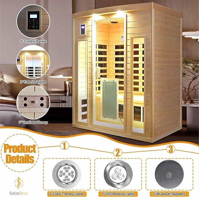 3 Person Infrared Sauna 0-5mG Ultra Low EMF Far Infrared Sauna for Home 2130W/20A Canadian Hemlock Indoor Sauna with Front Door Heating Panel, Chromotherapy Lights