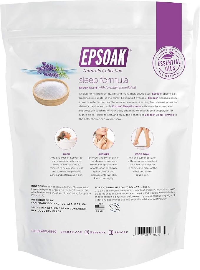 Epsoak Epsom Salt 2 lb. USP Magnesium Sulfate with Lavender Scent Resealable Epsom Salt Bag, Made in The USA, Cruelty-Free Certified