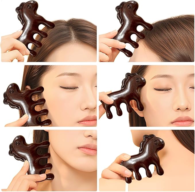 Sandalwood Cute Pony Scalp Massager | Wooden Massage Brush for Head, Face, Eyes, Shoulder, and Neck | Gua Sha Comb Ideal Gift for Men Women