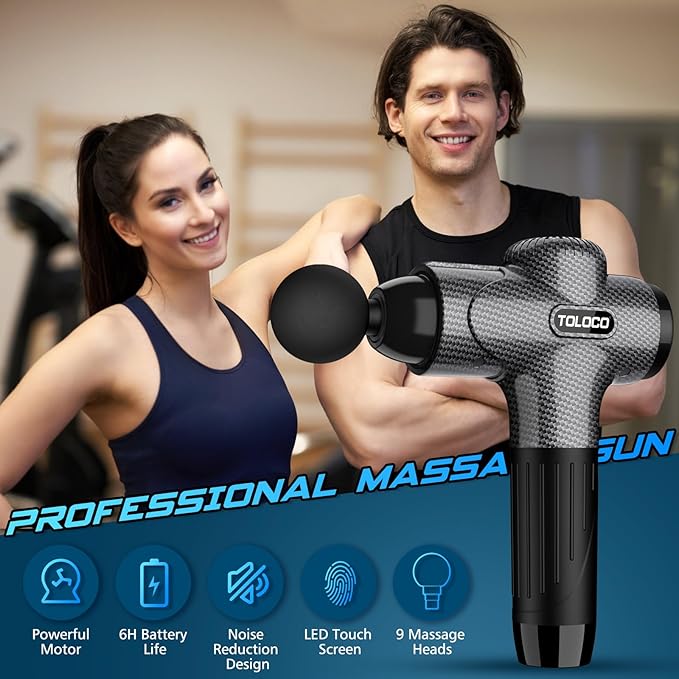 TOLOCO Massage Gun, Back Massager 10 Replacement Head for Pain Relief Deep Tissue, Percussion Massage Guns 7 Speed Level Super Quiet Electric Massager Mothers Day Gifts, Carbon