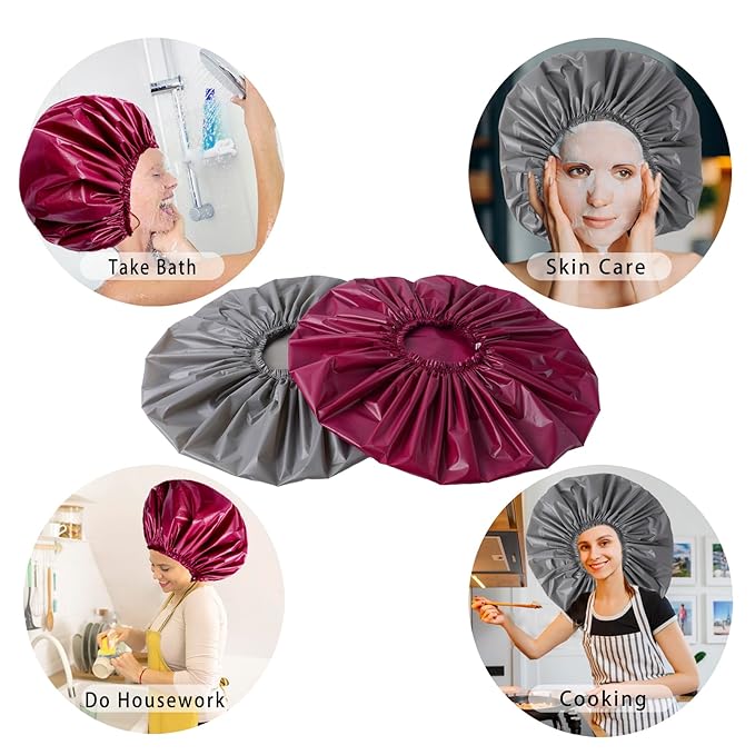 Jumbo Size Shower Cap 2 PCS Waterproof Shower Caps for Women, Extra Large Shower Cap, Reusable Super Large Bath Caps Hair Cap for Long Thick Curly Hair, Locs, Twist Braids - Grey+Purple-red