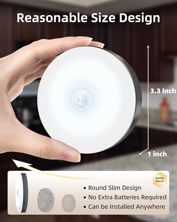 EZVALO Under Cabinet Lighting, 1000mAh Rechargeable Puck Lights with Remote, 3 Color Temps & 12 RGB Motion Sensor Closet Lights Indoor, Dimmable Under Counter Lights for Kitchen (Black, 6 Packs)