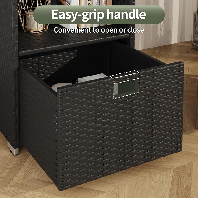 Outdoor Pool Towel Rack Cabinet, Rattan Wicker Pool Storage Bins Storage Organizer, 2 Layer Shelf Hot Tub Spa Accessories, 47in, Black
