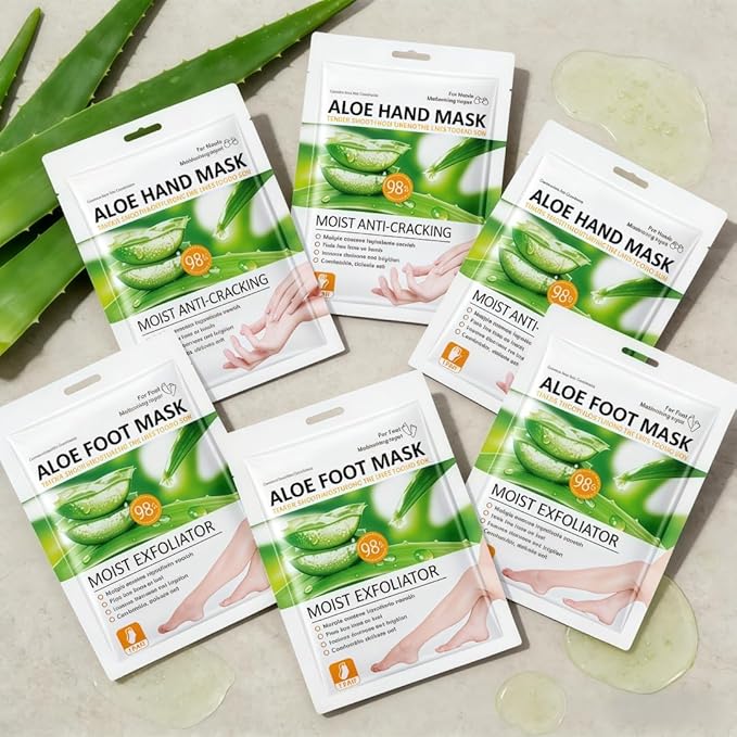 Aloe Vera Hand & Foot Mask Set (6 Packs: 3 Hand + 3 Foot) - Moisturizing Anti-Cracking for Dry Cracked Hands, Exfoliating Hydrating for Rough Feet, Spa-Grade for Women & Men